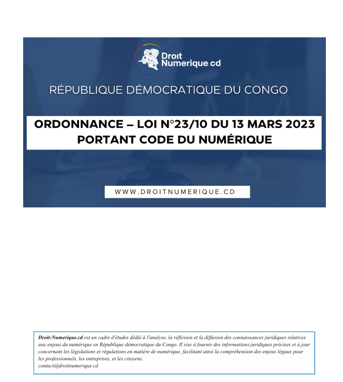 RDC Ordonnance-loi n 23/10 du 13 mars 2023 portant code du numérique