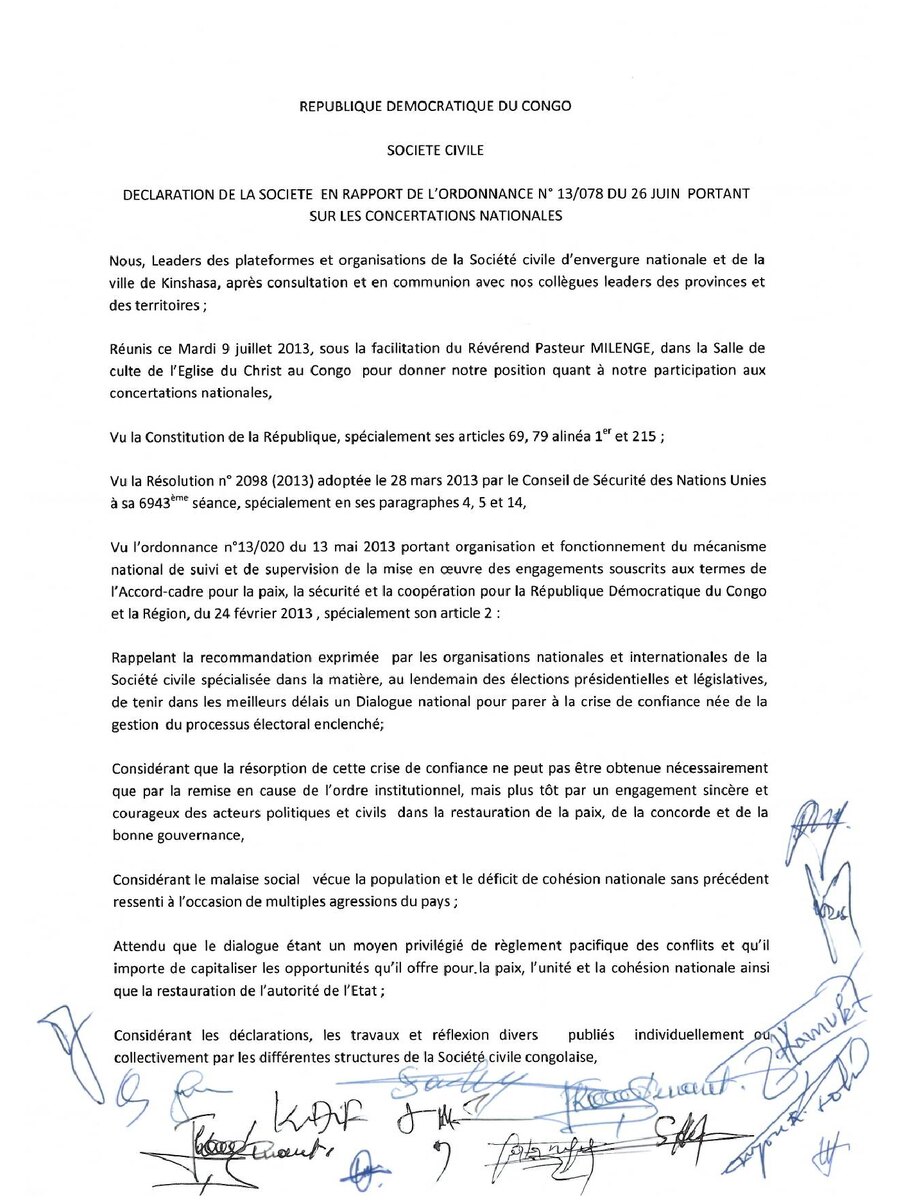 2013 07 09 SOCIETE CIVILE Déclaration de la société civile en rapport de l'ordonnance N 13 078 du 26 Juin portant sur les Concertations Nationales 1423089344