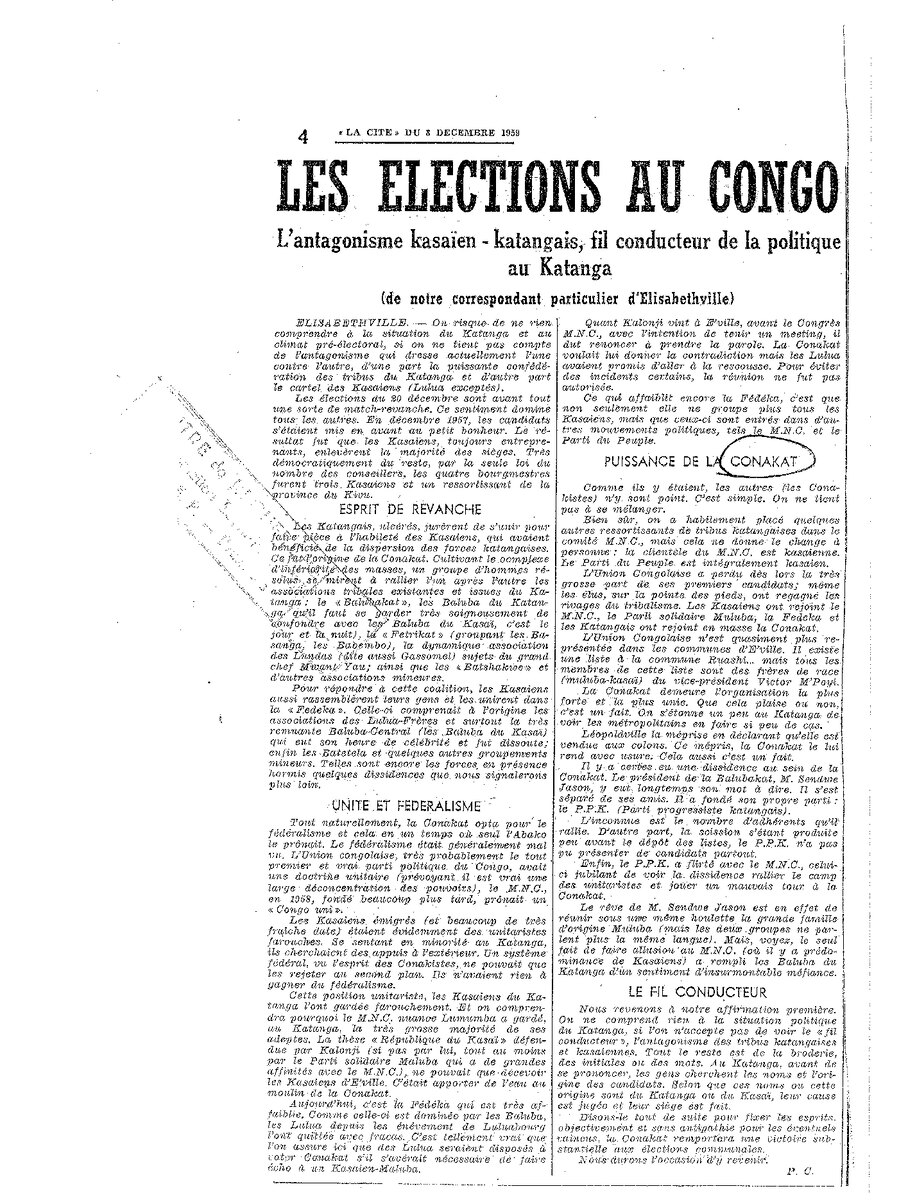 1958 12 08 LA CITE Les Elections Au Congo belge antagonisme Kasaiens Katangais 1380353675